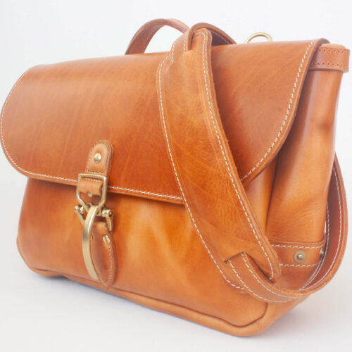 Handcrafted Full Grain Leather U.S. Mailbag in Cognac color, front right view.