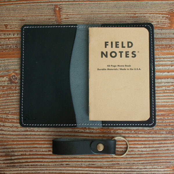 Black Leather Notepad Cover front view, unfolded
