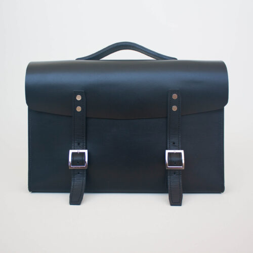 Premium Vegetable-Tanned Full Grain Leather Briefcase in Black, front view