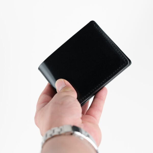 a male hand holding Shell cordovan wallet, black color.
