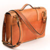 Leather Briefcase, tan color, back left view.